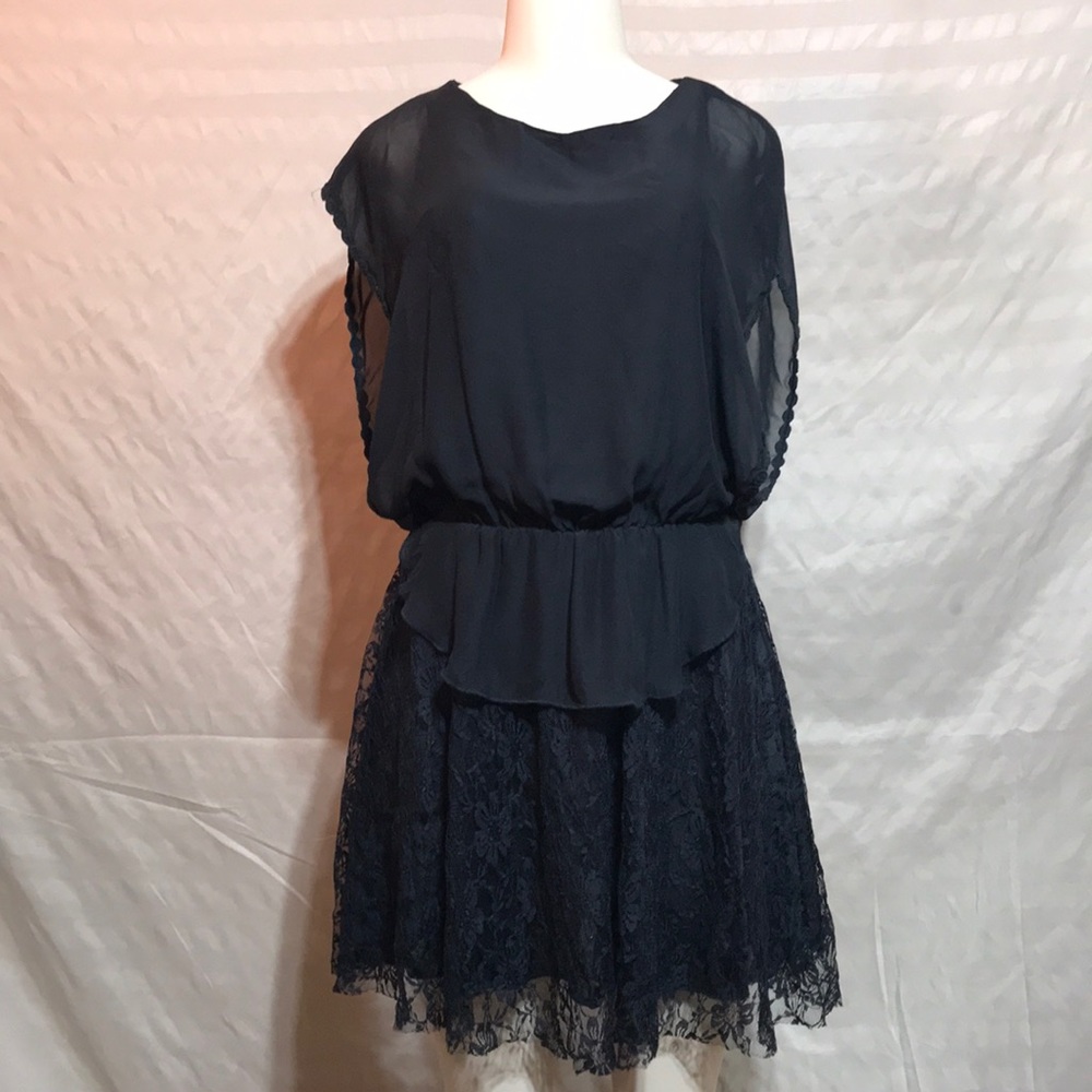 Nico La Black Lace Chiffon Overlay Fit Flare Dress S Tiered Mini Cocktail Party